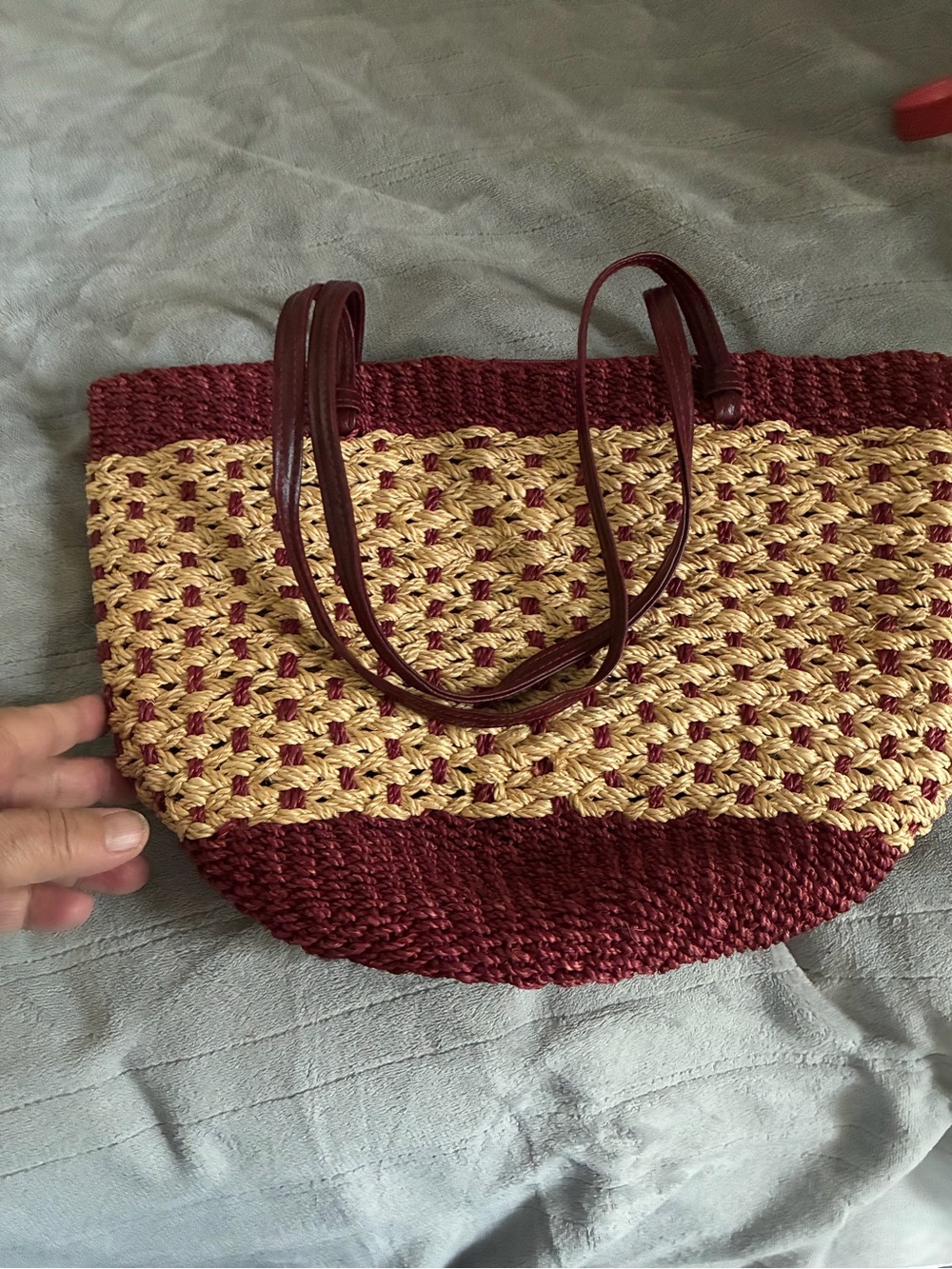 Woven Straw Tote in Burgundy and Natural with Burgundy Handles